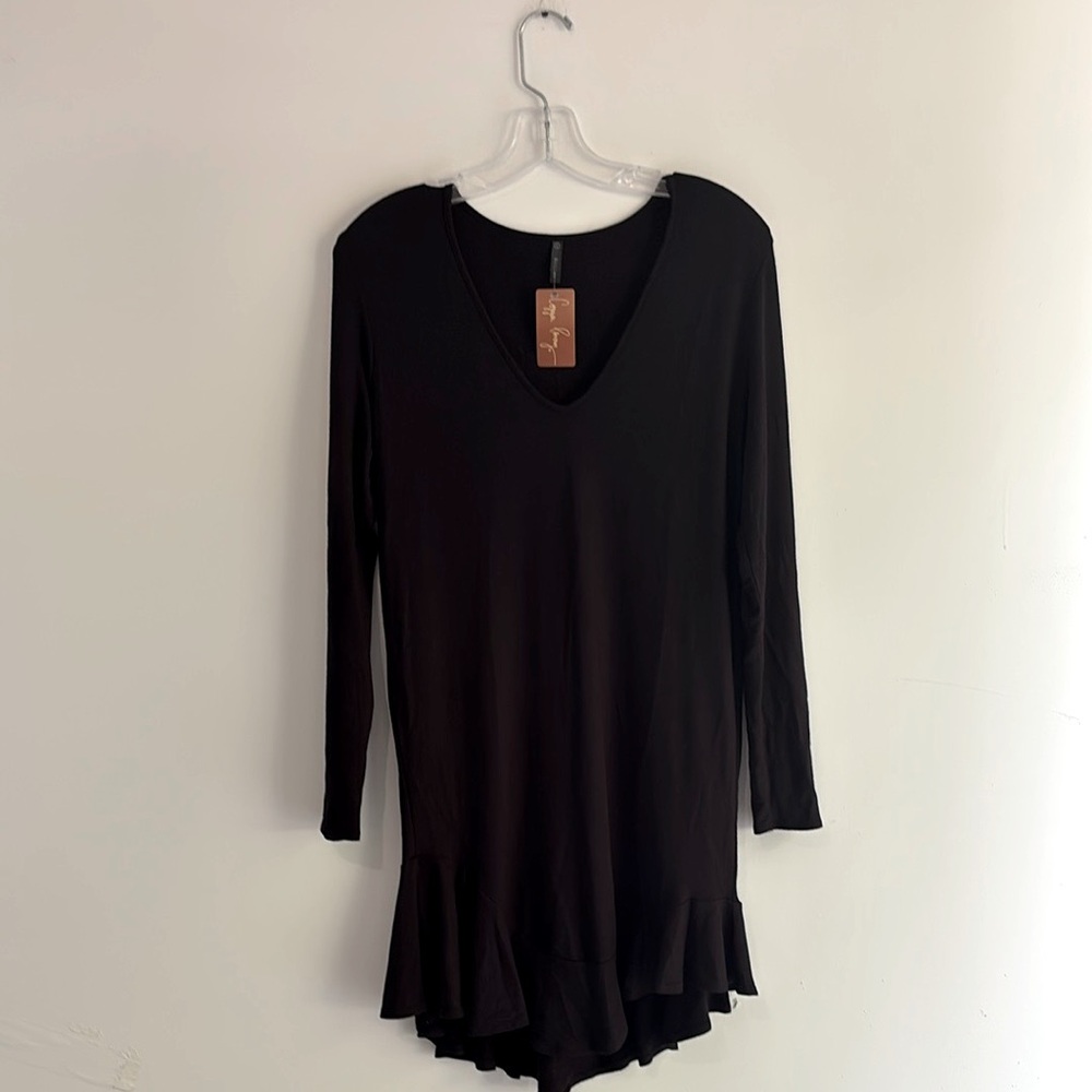 Riller Black Spandex Blend Long Sleeve Ruffle Hem Dress Size S NWT‎